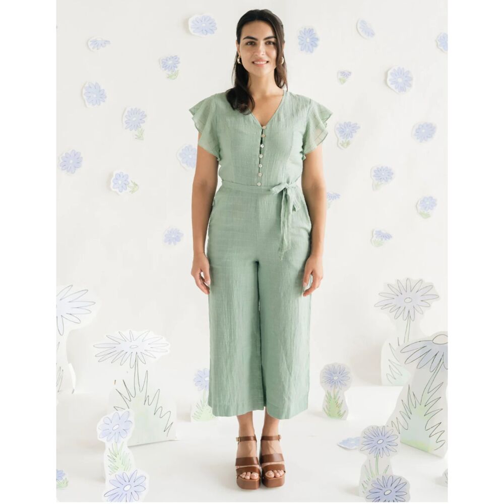 NWT HarperSage Harper Terra Jumpsuit Green Flutter Sleeve Tie Waist Size Large
